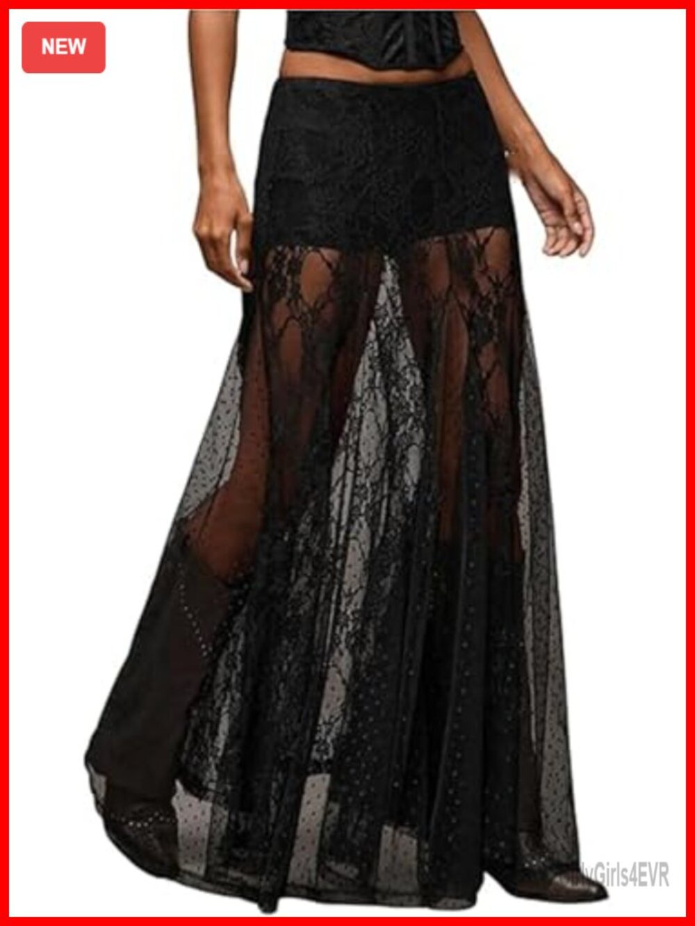Women Lace Sheer Maxi Skirt Low Waist Flowy A-Line Ruffle Cover Up